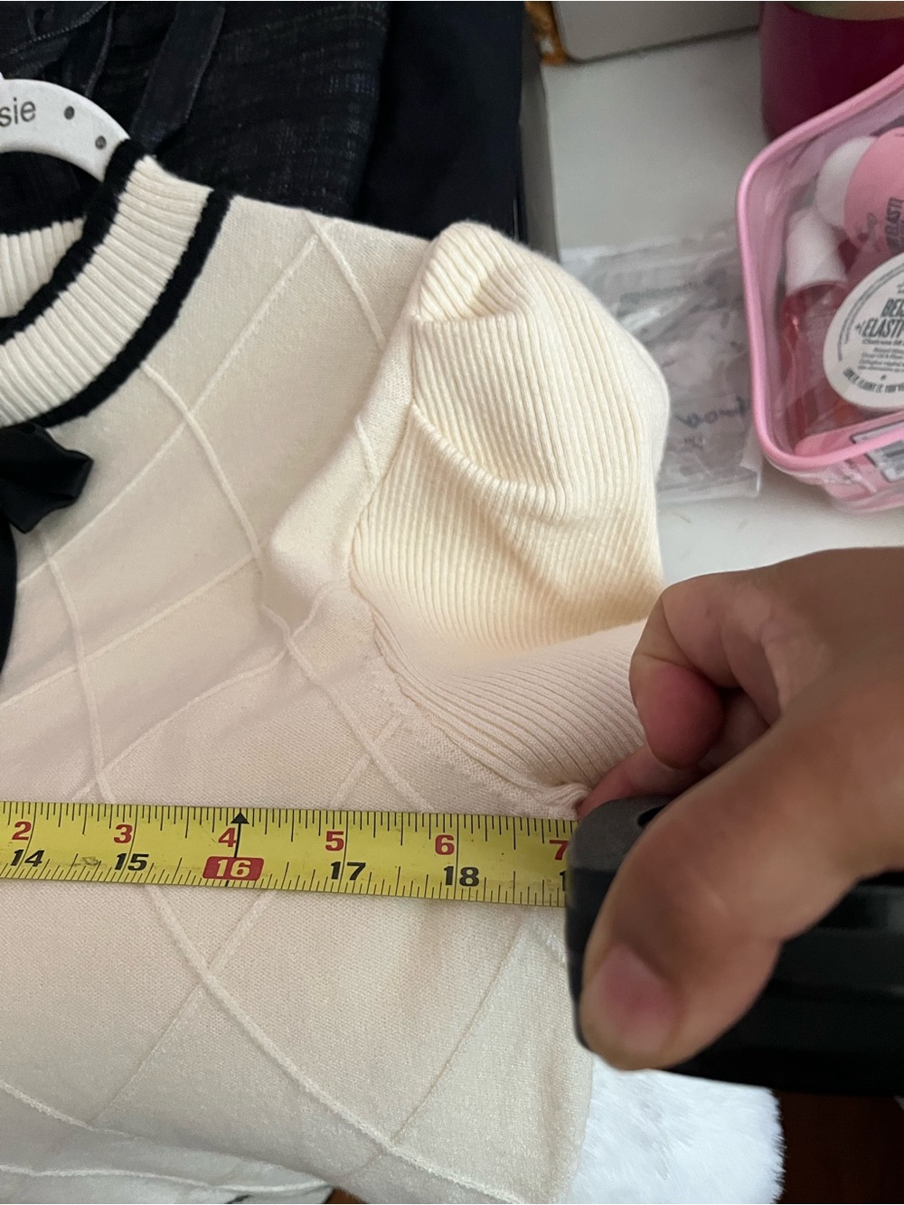 Ontwelth Cream Short sleeve Sweater with Black Trim and Black Bow Accent - Picture 5 of 5